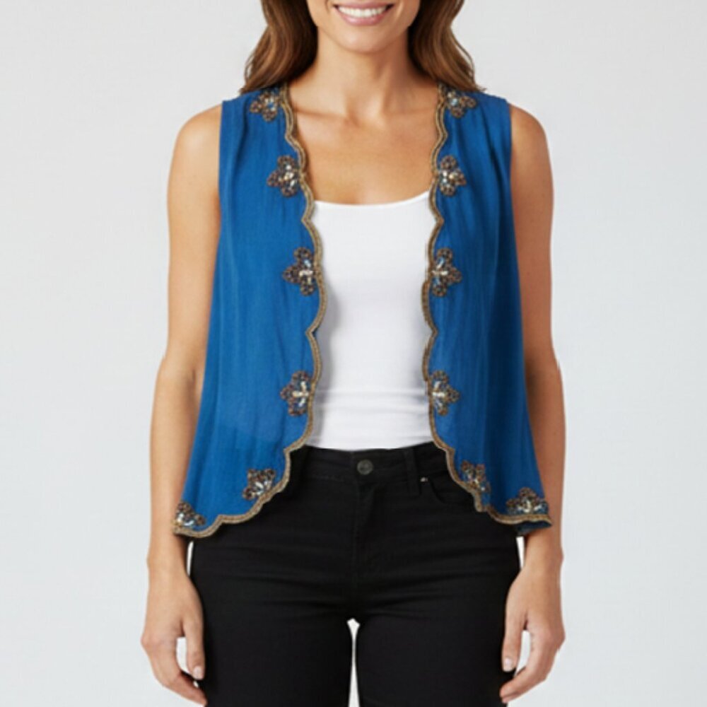 Matthew Williamson Vintage Designer Blue Shurg Vest Beaded Top‎ Medium b135